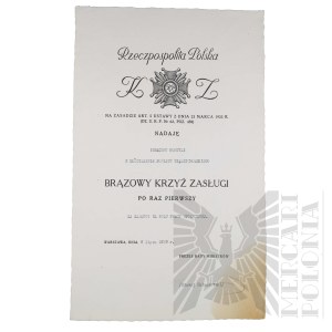 II RP - Diploma of the Bronze Cross of Merit - Mostjewo, Miedzychodz District year 1939