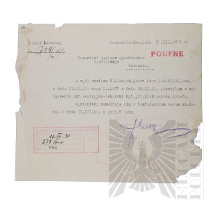 II RP - Pismo w Sprawie Przesłania Akt Rewizyjno-Lekarskich kpt. pil. Józefa Mickiewicza, 3 Pułk Lotniczy, Poznań - Ławica.