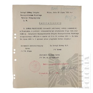 II RP - Certificate of Completion of the Second Year of Studies by Vladimir Downar. Vilnius.