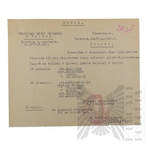 II RP - Odpis Pisma Francuskiej Misji Wojskowej w Polsce Przekazującego w Załączeniu Ocenę Oficerów Polskich, tj. płk. Żymierskiego, ppłk. Błeszyńskiego, ppłk. Andersa, ppłk Stachiewicza (Pismo Przewodnie). Warszawa.