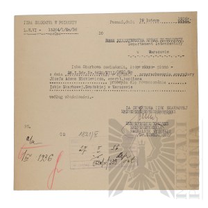 II RP - Letter from the Treasury Chamber in Poznań Transmitting the Files (Letter of Guidance) of Capt. Pilot Jozef Mickiewicz to the Minister of Military Affairs in Warsaw. Poznan