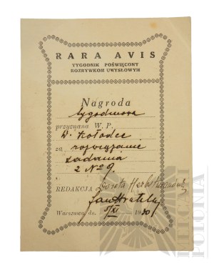 II RP - Award from the weekly magazine Rara Avis, Warsaw, 5 XI 1930