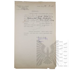 II RP - Zaświadczenie Prezydenta Miasta Poznania dla Amelii Mickiewicz o Miejscu Zamieszkania.