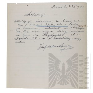 II RP - Declaration of the Place of Residence of Capt. Pil. Józef Mickiewicz. Poznan