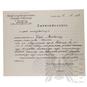 II RP - Zaświadczenie Miejskiego Urzędu Bezpieczeństwa i Porządku Publicznego w Poznaniu Wystawione dla kpt. pil. Józefa Mickiewicza.