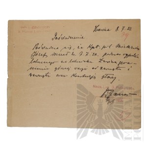 II RP - Certificate from the Chamber of Sickness of the 3rd Airborne Regiment Issued to Capt. Pilot Jozef Mickiewicz.