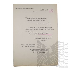 II RP - Copy of the Act of Appointment of Brig. Gen. Jerzy Ferek-Błeszyński to the Position of Undersecretary of State in the Ministry of Religious Denominations and Public Enlightenment. Warsaw.