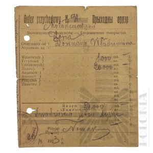 II RP - Order Przychodowy (potwierdzenie odbioru gotówki) wystawione dla Włodzimierza Downara.