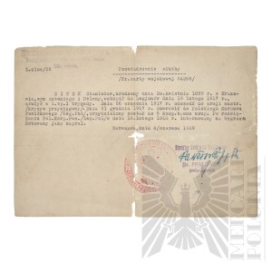 II RP -Corporal Stanislaw Siwek's Certificate of Service as a soldier of the 1st Legion Infantry Regiment of the 1st Brigade and the Polish Positive Corps.
