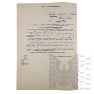 II RP - Pension Account Card of Capt. Pilot Józef Mickiewicz, Poznań, Signature of Major Tadeusz Berger.