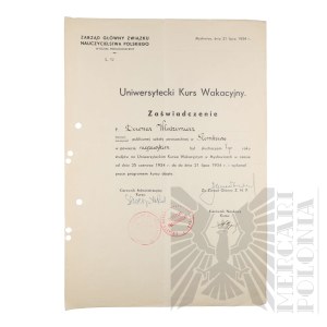 II RP - Zaświadczenie Zarządu Głównego ZNP o Ukończeniu Pierwszego Roku Studiów dla Włodzimierza Downara. Mysłowice.