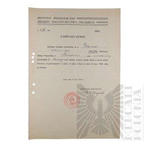 II RP - Odpis Zaświadczenia o Ukończeniu Trzeciego Roku Studiów przez Włodzimierza Downara. Lwów.