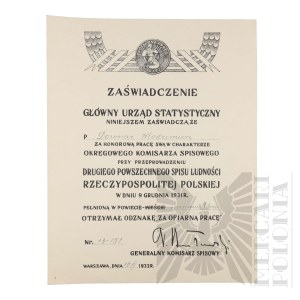 II RP - Zaświadczenie Głównego Urzędu Statystycznego o Pracy w Charakterze Okręgowego Komisarza Spisowego Przy Przeprowadzeniu Drugiego Powszechnego Spisu Ludności RP dla Włodzimierza Downara.