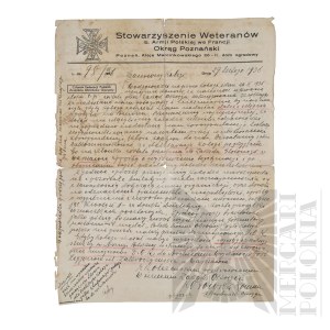 II RP - Dokument List Stowarzyszenie Weteranów b. Armii Polskiej we Francji, Poznań, 1936 r.