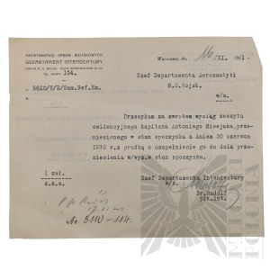 II RP - Pismo Ministerstwa Spraw Wojskowych Departament Aeronautyki do Szefa Departamentu Intendentury Ministerstwa Spraw Wojskowych.