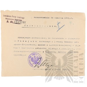 II RP - Zaświadczenie Dowództwa Portu Lotniczego Warszawa-Mokotów Wystawione dla kpt. pil. Antoniego Misejuka Ofiary Zbrodni Katyńskiej. Pierwsza Eskadra Lotniczo-Wywiadowcza.