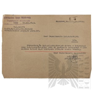 II RP - Pismo Ministerstwa Spraw Wojskowych Departament Aeronautyki do Szefa Departamentu Intendentury Ministerstwa Spraw Wojskowych w Sprawie kpt. pil. Antoniego Misejuka Ofiary Zbrodni Katyńskiej.