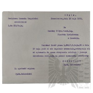 II RP - Odpis Tajnego Pisma Powiatowej Komendy Uzupełnień w Krzemieńcu do Dowódcy 3 Dyw. Piech. Legionów.