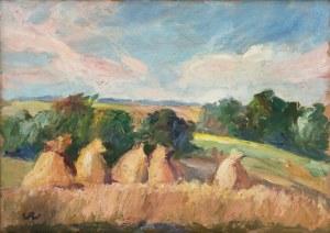 Wojciech Weiss (1875 Leorda in Bukovina - 1950 Krakow), Haystacks on a field
