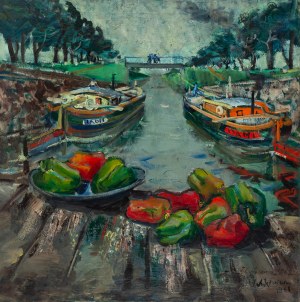 Aleksander Jędrzejewski (1903 Zhytomierz - 1974 Wrocław), Barges on the Oder River - Wrocław, 1961/1962.