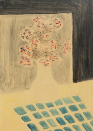 Zbigniew Pronaszko (1885 Debrecen - 1958 Krakow), Flowers (cornflowers) in a vase, standing on a yellow and blue checkered tablecloth