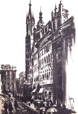 Jan Kulikowski (1914-1995), Cracow - Market Square with view of St. Mary's Church,1953-55