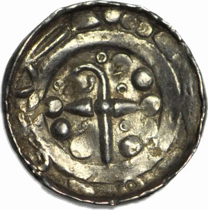 R-, 11th century cross denarius, pastoral and hoops/Maltese cross, hoops, BEAUTIFUL