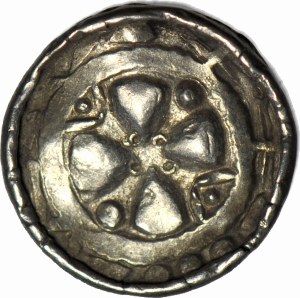 R-, 11th century cross denarius, pastoral and hoops/Maltese cross, hoops, BEAUTIFUL