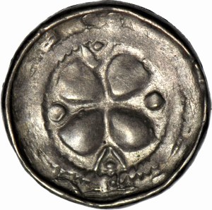 Cross denarius 11th century, cross with spheres/crosses