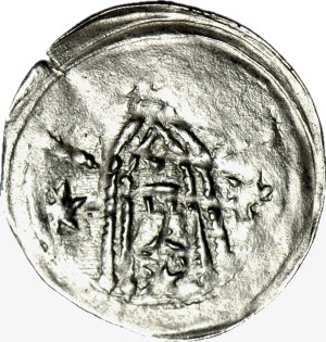 R-, Konrad?, March of Glogow, Denarius after 1180, Glogow, Church, City wall, STARS ON BOTH SIDES, R4