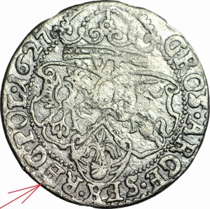 RR-, Sigismund III Vasa, Sixpence 1627, Cracow, pierced R(O)G on REG in legend