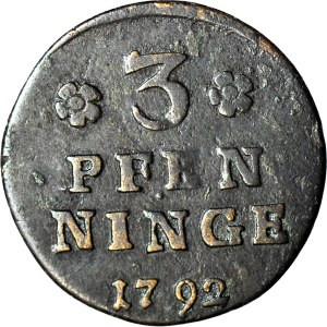 R-, Pomerania, Gustav IV Adolf, 3 fenigs 1792, Arrows, first vintage