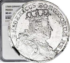 Silesia, Frederick I, Breslau, 6 krajcars 1756 B, one row of pearls, minted