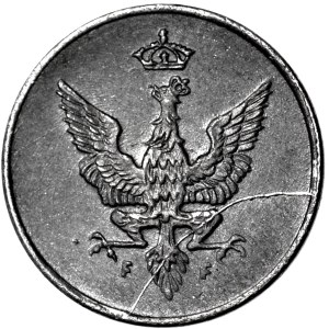 Królestwo Polskie, 1 fenig 1918, menniczy, DESTRUKT - pęknięty stempel