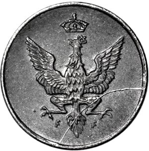 Kingdom of Poland, 1 fenig 1918, mint, DESTRUKT - broken stamp