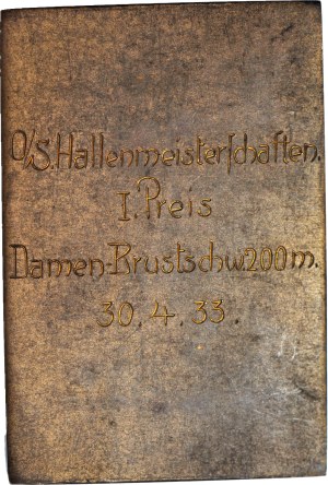 Silesia, plaque 1933 for 1st mc. At swimming competition in Gliwice, Women's 200m classic style.