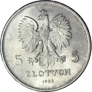 5 złotych 1928 Nike, ze znakiem, Warszawa, mennicze, wspaniale