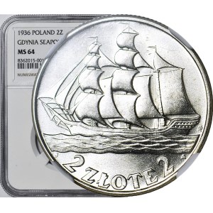 2 złote 1936, Żaglowiec, menniczy, WYŚMIENITY, skrętka