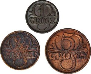 1, 2 and 5 pennies 1937, set of 3 pcs, beautiful