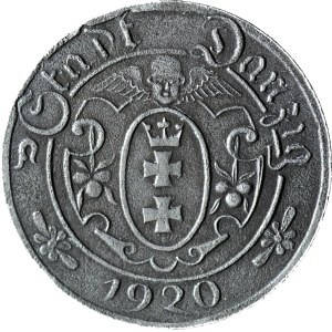 RRR-, Wolne Miasto Gdańsk, 10 fenigów 1920, 56 perełek, gruby krążek 2,5g PIEDFORT