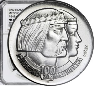 100 gold 1960, Mieszko and Dabrowka, heads, hybrid type, obverse with characters, SAMPLE, NIKIEL