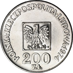 RR-, 200 Gold 1974, XXX YEARS OF THE PRL, SKROLT 45 degrees, rarer than the reverse