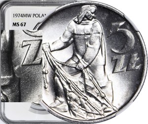 5 gold 1974, Fisherman, mint, fine grass