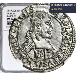 Austria, Ołomuniec, Karol II z Liechtenstein, 3 krajcary 1667, RZADKI ROCZNIK, wspaniałe
