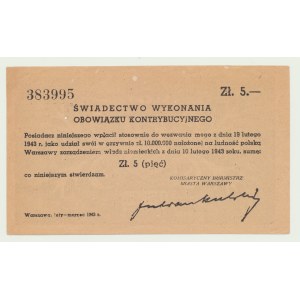 5 zł 1943, Świadectwo Kontrybucji, piękne