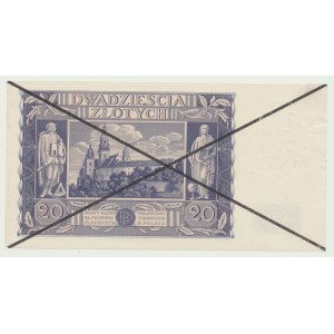 Okupacja, 20 złotych 1936, egzemplarz okazowy, rewers nadruk skreślenie, rzadkość