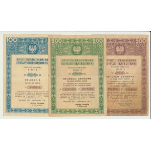 Narodowa Pożyczka Rozwoju Sił Polski 100 200 i 500 złotych 1951, zestaw 3 szt.