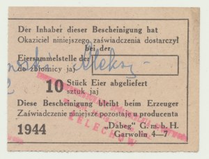 Occupation, eastern territories, 10 eggs 1944, Garwolin, delivery note
