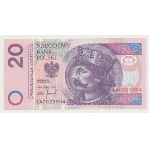 20 złotych 1994, druk TDLR Londyn, AA 0023904, dwa zera na początku