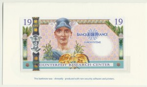 France, Banque de France Counterfeit Research Center folder with test bill